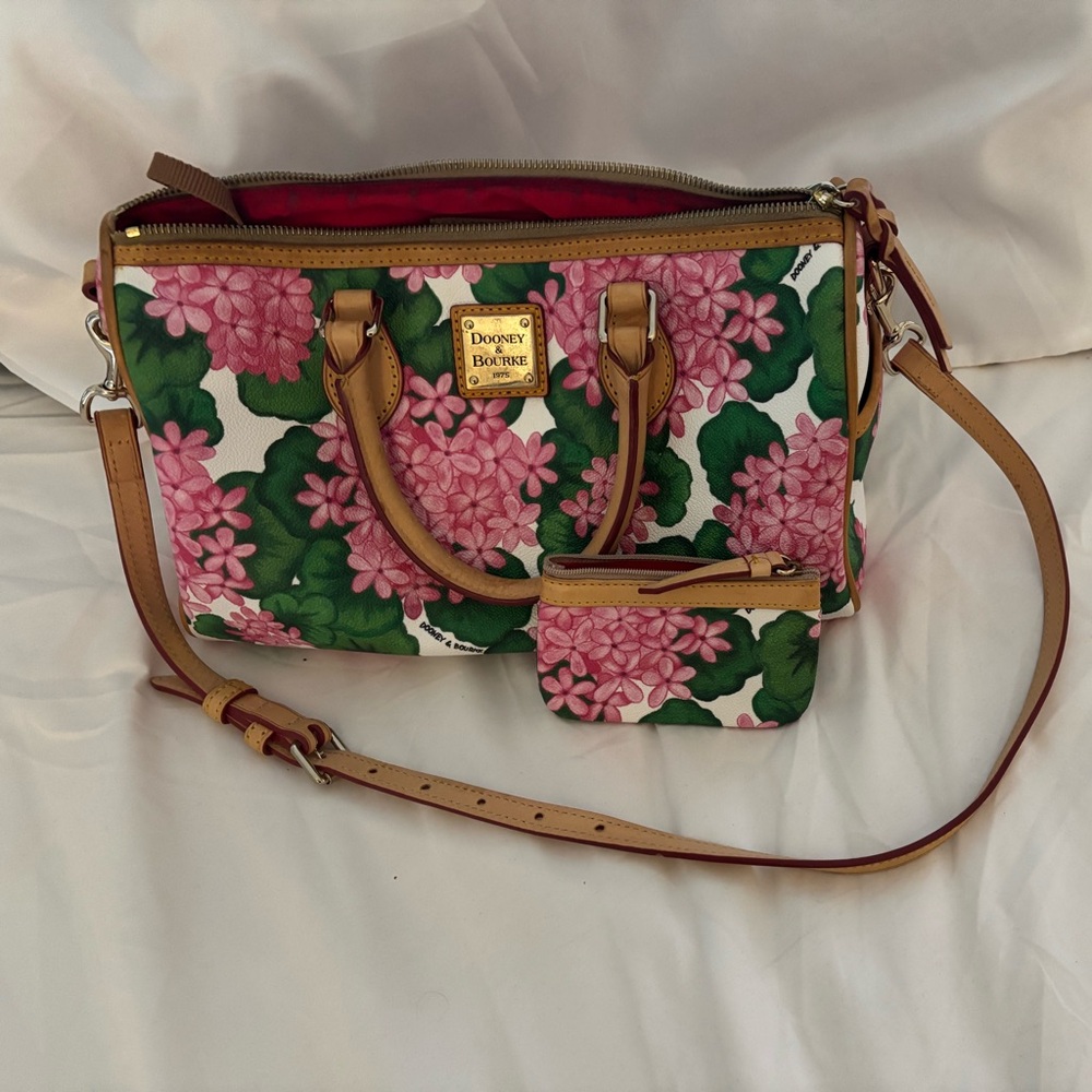 Dooney & Bourke Pink and Green Floral Satchel with matching coin purse
